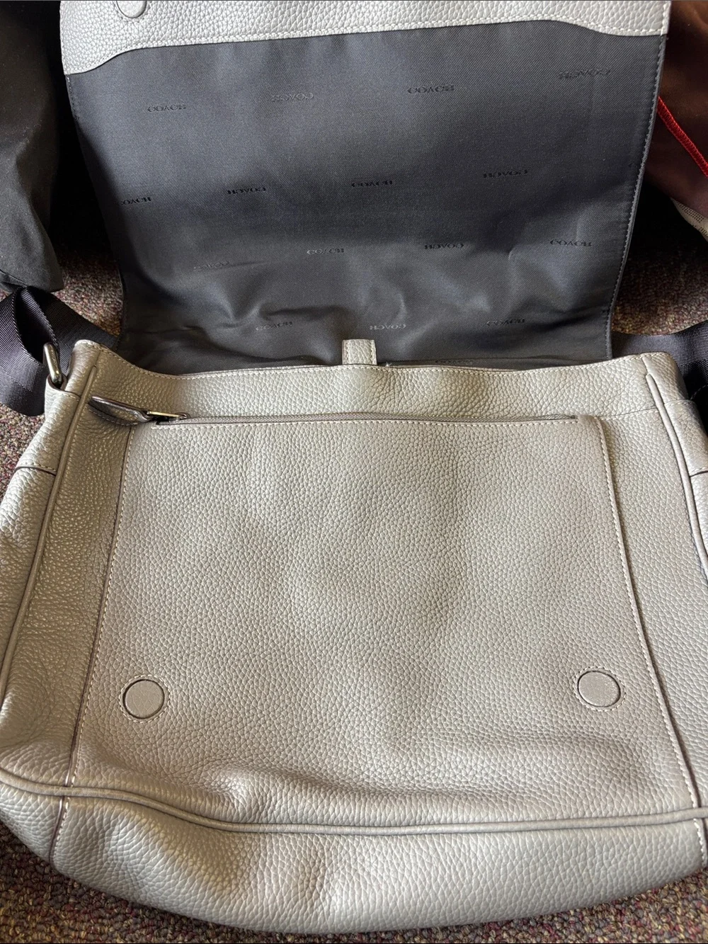 Coach Pebbled Leather Messenger Bag in Light Gray with Black Strap